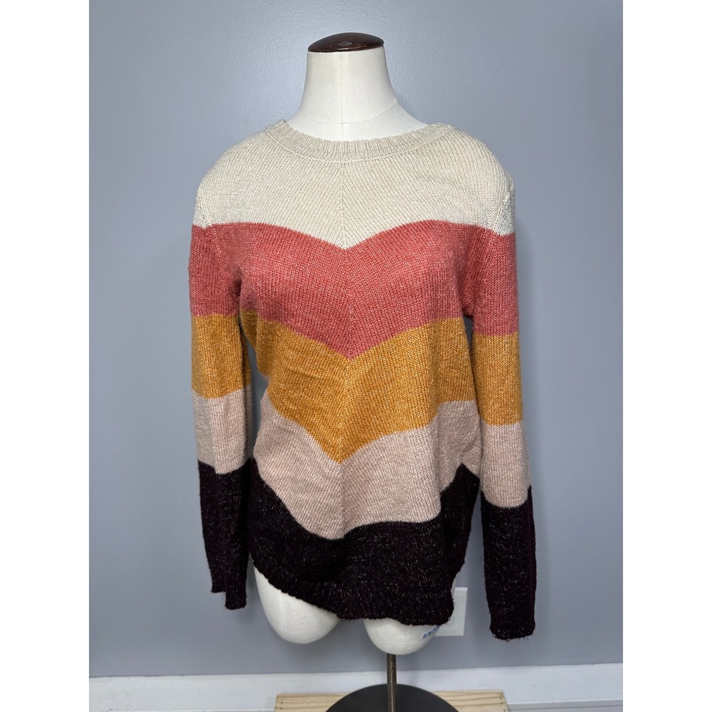 By & By Womens Chevron Stripe Sweater Medium Multi Color Crew Neck Pullover